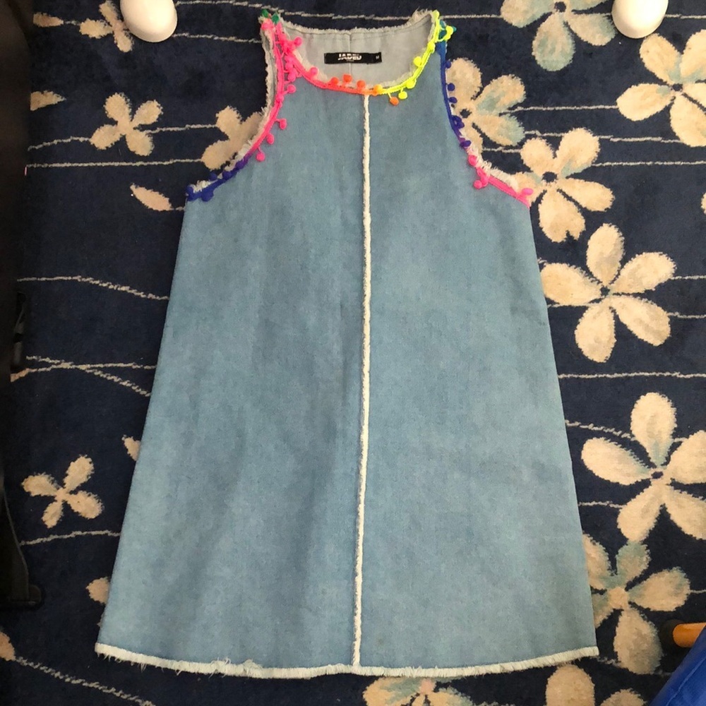 Jaded London Denim Mini Dress With Pom Pom Trip Detail - Picture 2 of 6